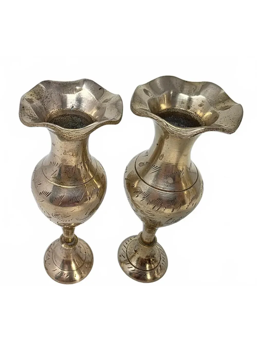 Vintage Indian Brass Vases Set of 4 Etched Floral Graduated Ruffled Rim